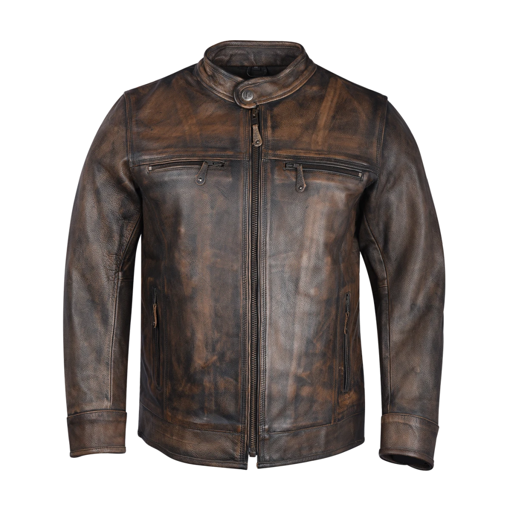 HMM546DB High Mileage Men's Distressed Brown Leather Scooter Jacket