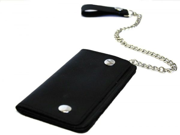 Motorcycle Black Studded Premium Leather Wallet with Removable Chain