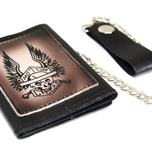 Motorcycle Skull Motor Cycles Logo Design Premium Trifold Leather Wallet with Removable Chain