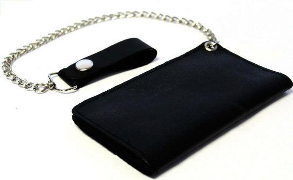 Motorcycle Black Studded Premium Leather Wallet with Removable Chain