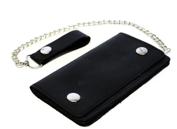 Motorcycle Black Studded Premium Leather Wallet with Removable Chain