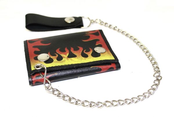 Motorcycle Hot Flames Design Premium Leather Wallet with Removable Chain