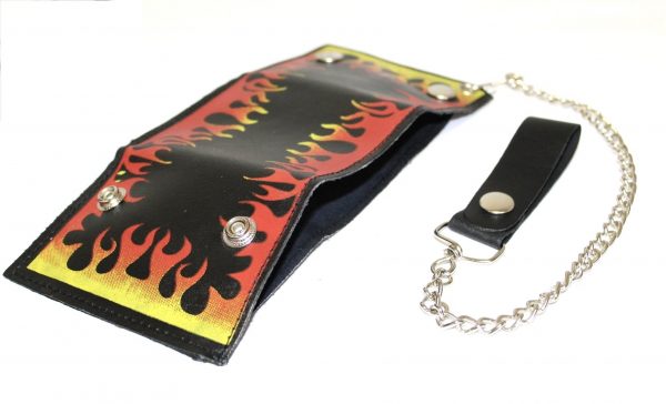 Motorcycle Hot Flames Design Premium Leather Wallet with Removable Chain