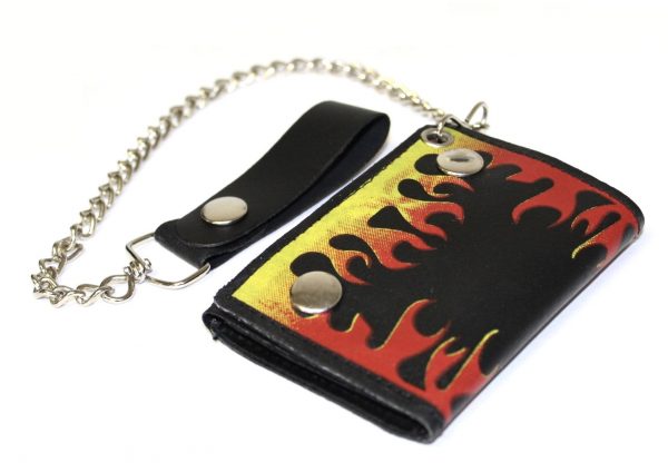 Motorcycle Hot Flames Design Premium Leather Wallet with Removable Chain