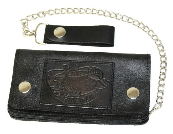 Motorcycle Black Live to Ride Ride to Live Premium Leather Wallet with Removable Chain