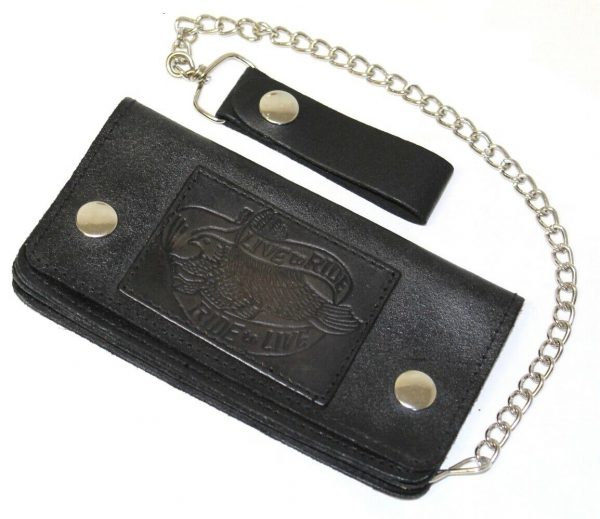 Motorcycle Black Live to Ride Ride to Live Premium Leather Wallet with Removable Chain