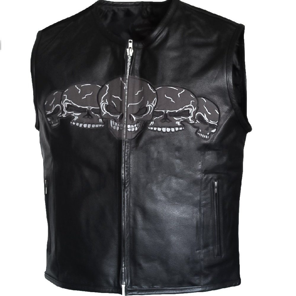Mens Cow Leather Skull Embroidery Motorcycle Biker Concealed Carry Vest
