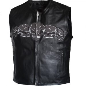 Mens Cow Leather Skull Embroidery Motorcycle Biker Concealed Carry Vest