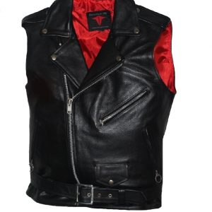 Mens Hi Grade Cowhide Leather Premium Jacket Style Vest with Red Solid Liner