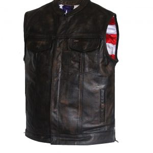 MataGear Motorcycle Leather Brown Riding Club Vest Concealed Carry Pockets US Flag Liner