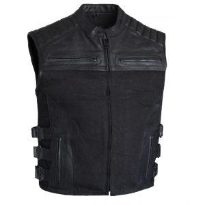 MG423 Mens Leather And Denim Vest
