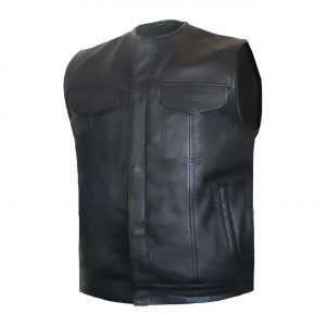 Mens Motorcycle Naked Leather Low Collared Vest Concealed Carry Pockets