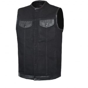 Mens New Black Leather and Denim Biker Vest