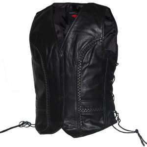 Womens New Black Braided Motorcycle Leather Vest with Side Laces