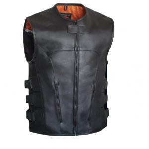 Motorcycle New Mens Black Leather Vest with Straps