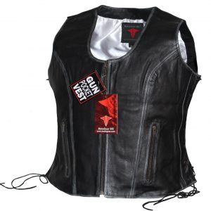 Ladies Zipper Front Distressed Black Motorcycle Concealed Carry Leather Vest