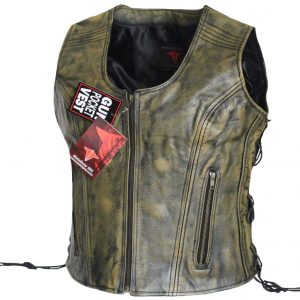 Ladies Zipper Front Distressed Brown Side Laces Leather Concealed Carry Vest