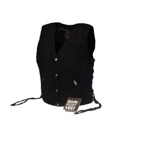 Womens New Denim Black Leather Vest with Concealed Carry Pockets