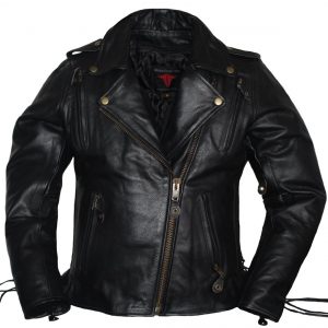 Womens New Biker Black Classic Leather Braided Jacket with Concealed Carry Pockets