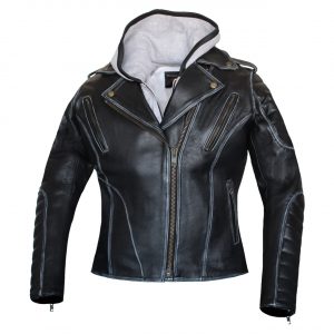 Womens New White Hoodie Black Biker Leather Jacket with Concealed Carry Pockets
