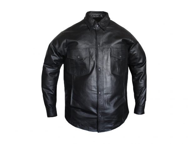 Motorcycle New Black Snap Closure Leather Shirt for Bikers with Concealed Carry Pockets