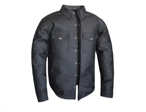 Mens New Motorcycle Premium Black Denim Shirt with Concealed Carry Pockets - Image 1