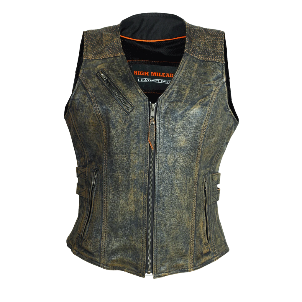 Motorcycle Ladies Distressed Brown Leather Vest with Buckles