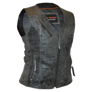 Motorcycle Ladies Distressed Gray Premium Leather Concealed Carry Motorcycle Vest