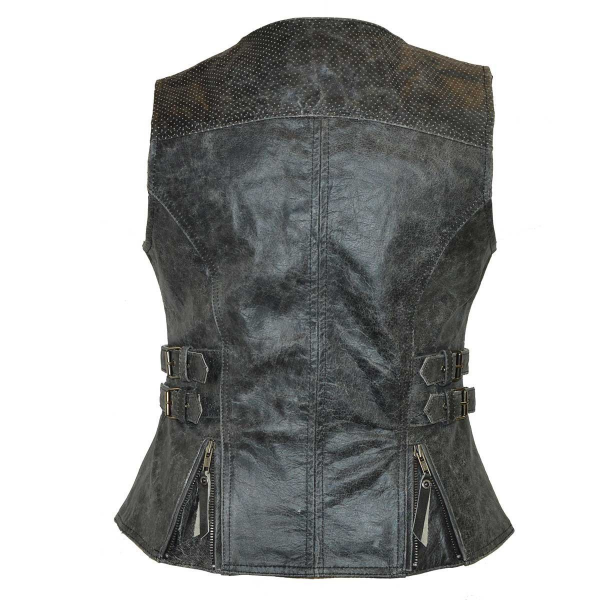 Motorcycle Ladies Distressed Gray Premium Leather Concealed Carry Motorcycle Vest