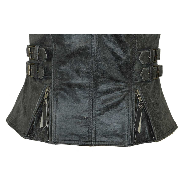 Motorcycle Ladies Distressed Gray Premium Leather Concealed Carry Motorcycle Vest