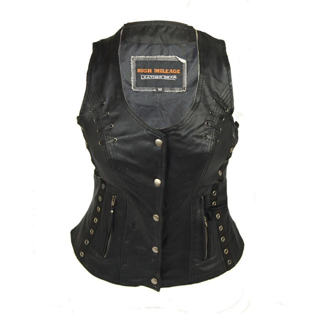 Motorcycle Ladies Lightweight Naked Goatskin Leather Vest with Grommets, Twill and Lace Highlights