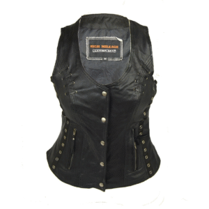 Motorcycle Ladies Lightweight Naked Goatskin Leather Vest with Grommets, Twill and Lace Highlights
