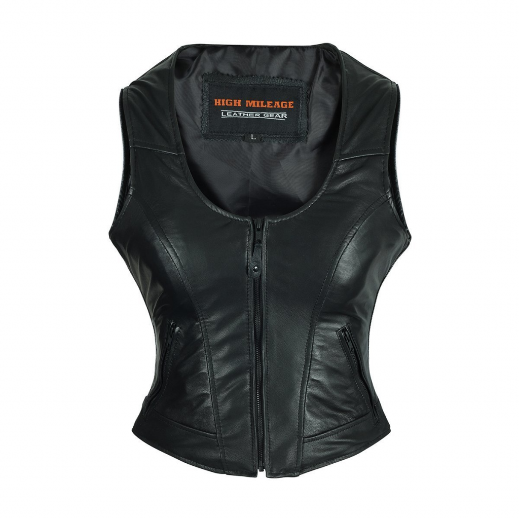 Motorcycle High Mileage Plain Side Black Leather Vest