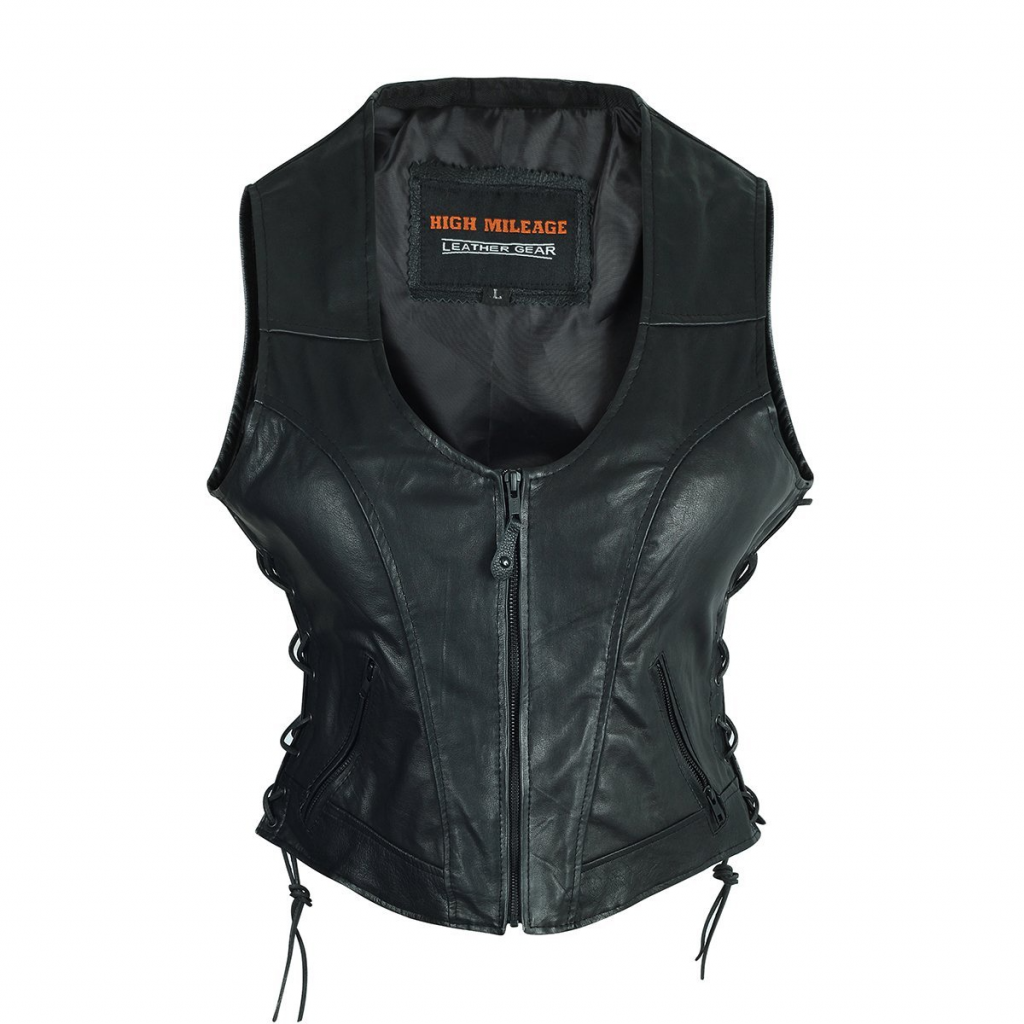 Motorcycle High Mileage Ladies Lace Side Leather Vest Adorned with Studs