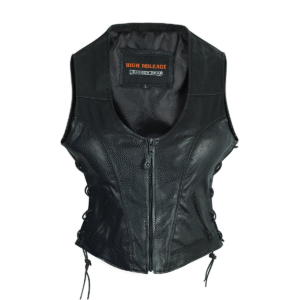 Motorcycle High Mileage Ladies Lace Side Leather Vest Adorned with Studs
