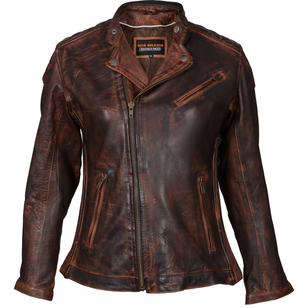 Motorcycle High Mileage Ladies Vintage Brown Leather Jacket with Diamond Stitched Shoulders