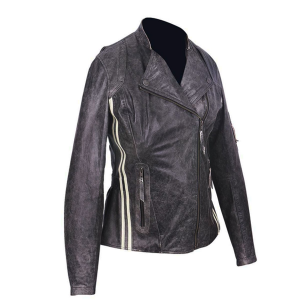Motorcycle Distressed Grey Women's Biker Leather Jacket with Vertical Stripes