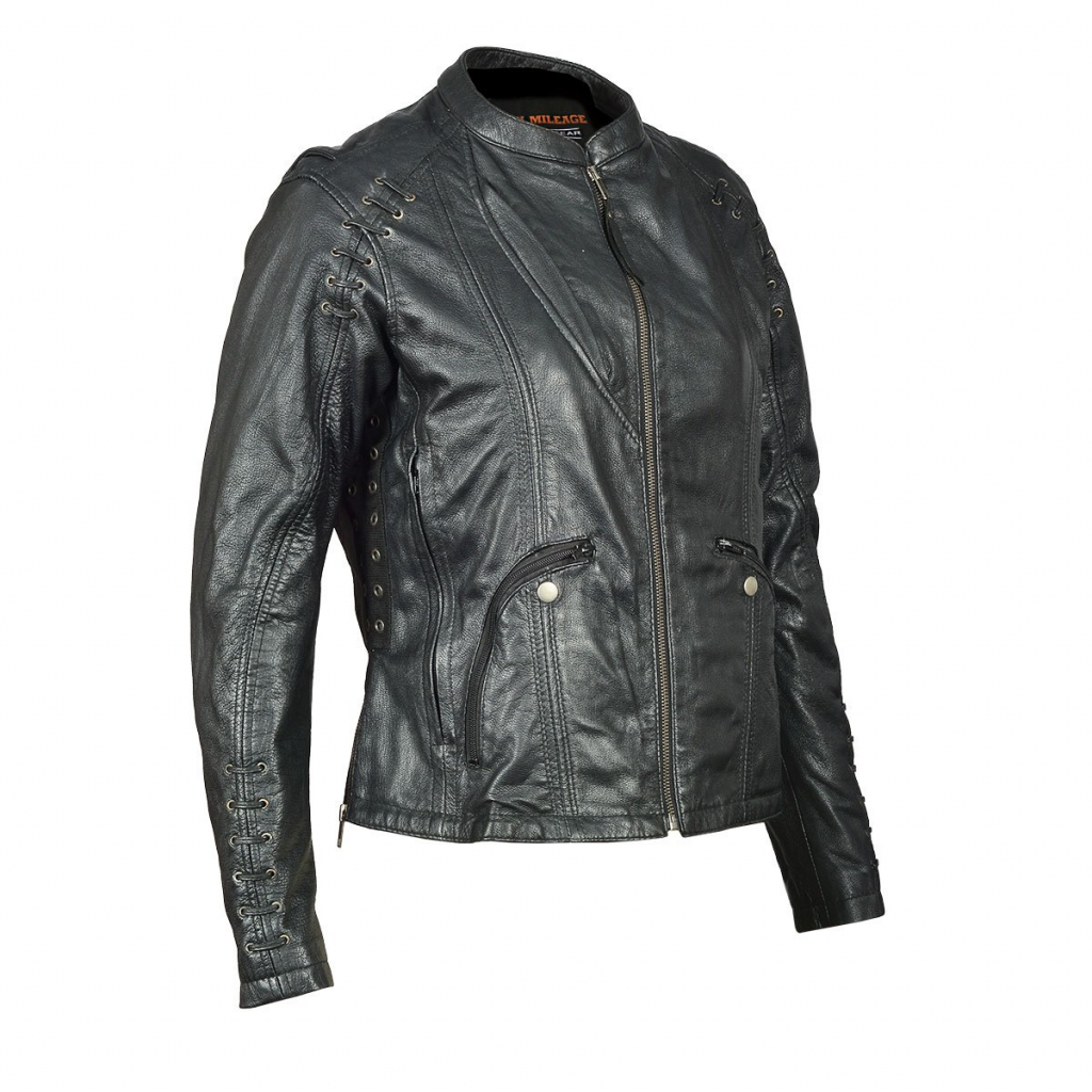 Motorcycle High Mileage Ladies Lightweight Black Goatskin Jacket w/ Grommeted Twill and Lace Highlights