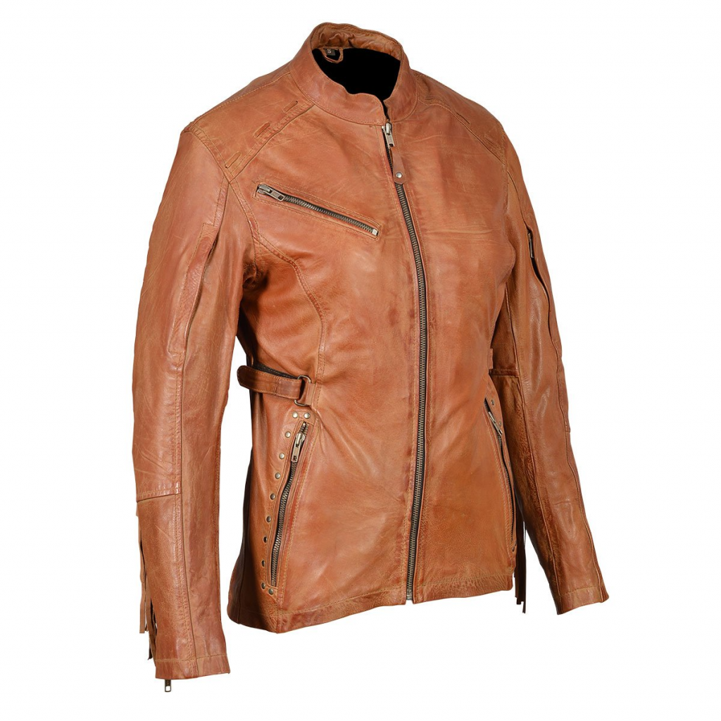Motorcycle High Mileage Ladies Brown Fringe and Rivet Leather Jacket