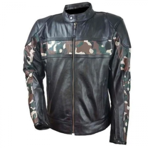 HMM540 H/M Leather Scooter Jacket with Camouflage Chest and Sleeve Stripes