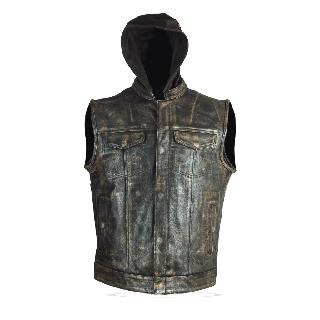 HMM914HDB Vance Leather Distressed Brown Motorcycle Club Leather Vest with Hoodie
