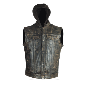 HMM914HDB Vance Leather Distressed Brown Motorcycle Club Leather Vest with Hoodie