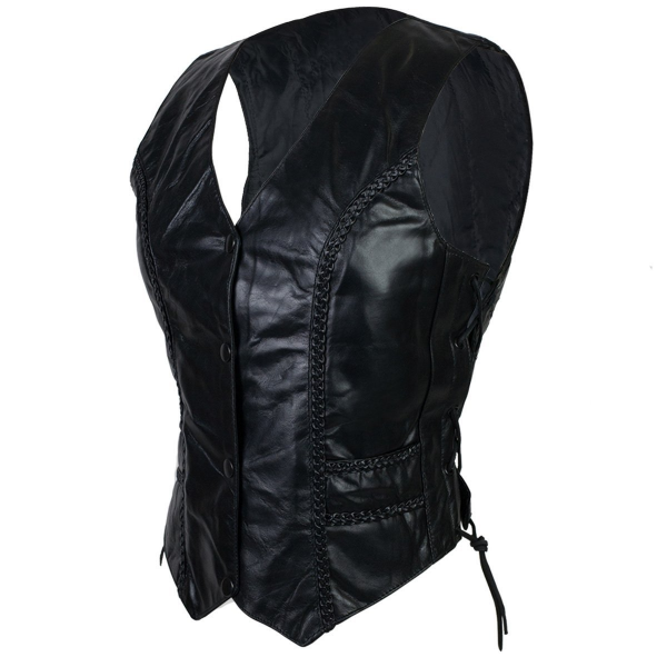 Motorcycle Ladies Lambskin Leather Vest with Vertical Braid - Image 2