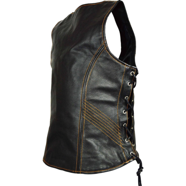 Motorcycle Vance Women's Black Lace Side Zipper Pocket Premium Cowhide Leather Biker Motorcycle Vest