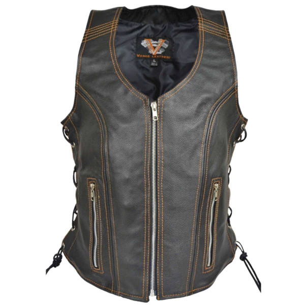 Motorcycle Vance Women's Black Lace Side Zipper Pocket Premium Cowhide Leather Biker Motorcycle Vest