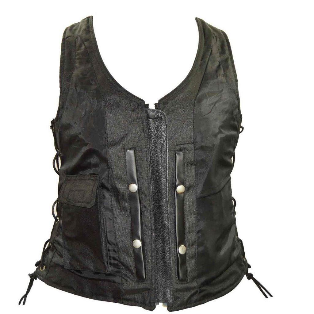 Motorcycle Vance Women's Black Lace Side Zipper Pocket Premium Cowhide Leather Biker Motorcycle Vest