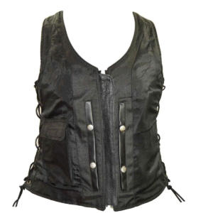Motorcycle Vance Women's Black Lace Side Zipper Pocket Premium Cowhide Leather Biker Motorcycle Vest