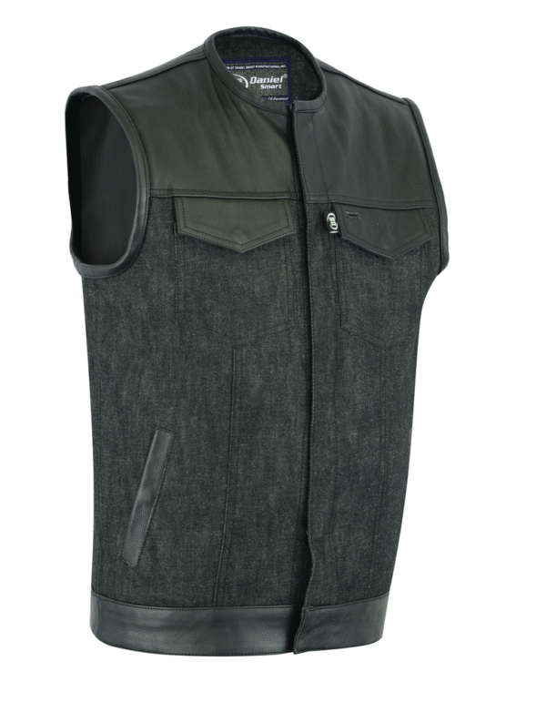 MOTORCYCLE MEN’S LEATHER/DENIM COMBO VEST WITHOUT COLLAR