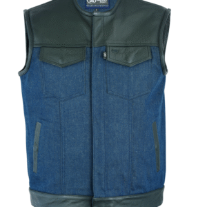 MOTORCYCLE MEN’S LEATHER/DENIM COMBO VEST (BLACK/BROKEN BLUE)