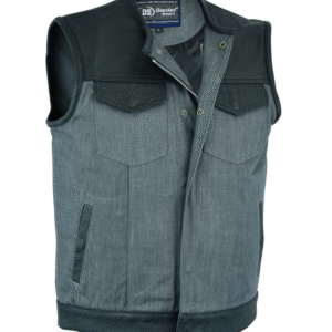 MOTORCYCLE MEN’S PERFORATED LEATHER/DENIM COMBO VEST (BLACK/ ASH GRAY)